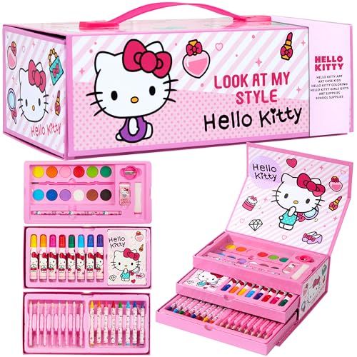 Hello Kitty Sanrio Coffret de Dessin Enfant, Kit Coloriage et Peinture, Crayons Feutres et Accessoires, Fournitures Kawaii en Mallette, Idée Cadeau Fille (Rose Hello...