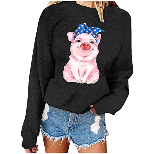 Womens Sweatshirts Ladies Teen Girls Fashion Casual Crewneck Lovely Pig Cute Printing Long Sleeve Sweater Pullover Tops Black