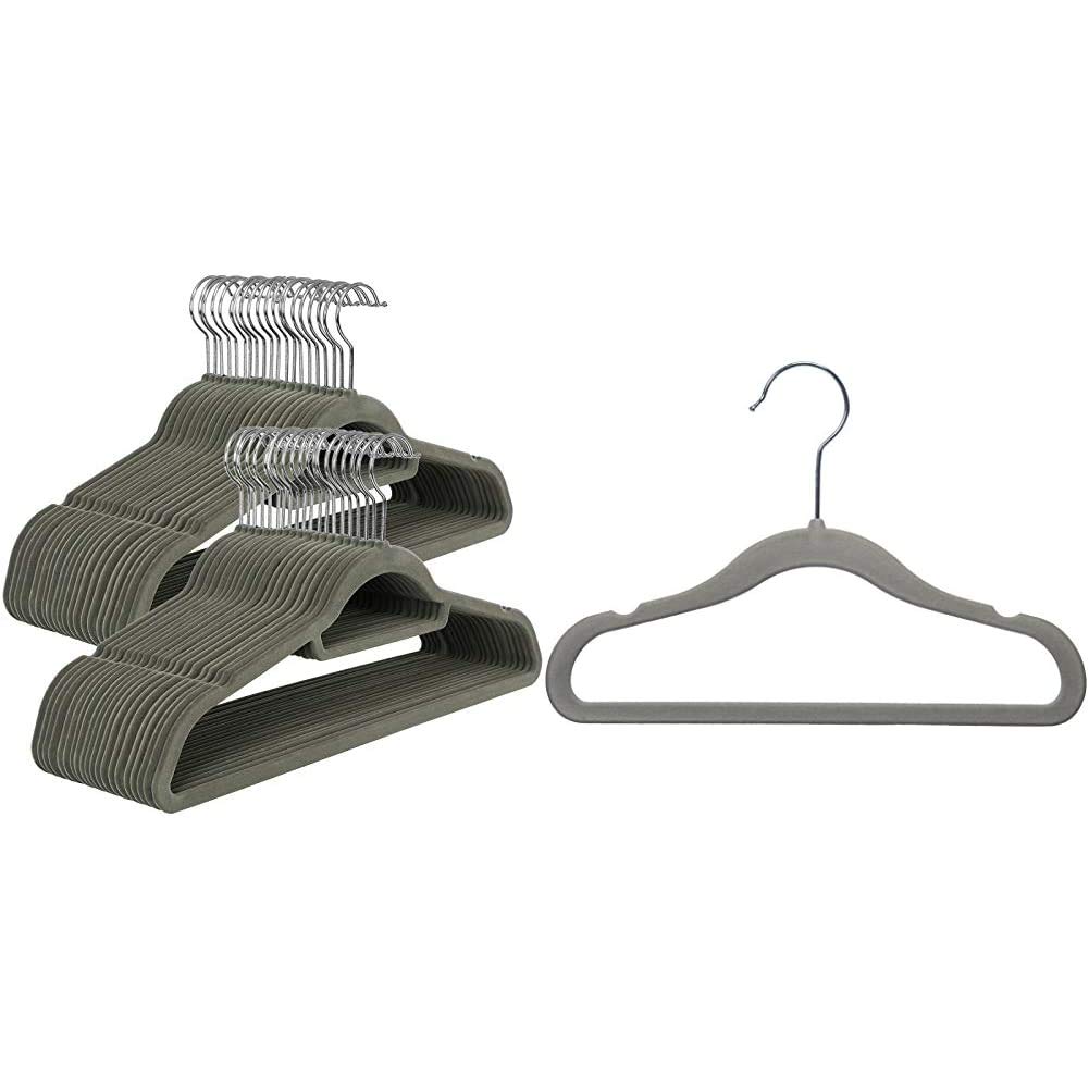 SONGMICS Velvet Hangers, 50 Pack, Ultra Thin Space Saving, Non-Slip Coat Hangers with Tie Organizer, 360 Degree Swivel Hook, Grey CRF50V & Amazon Basics Kids Velvet Hangers - 50 Pack, Gray