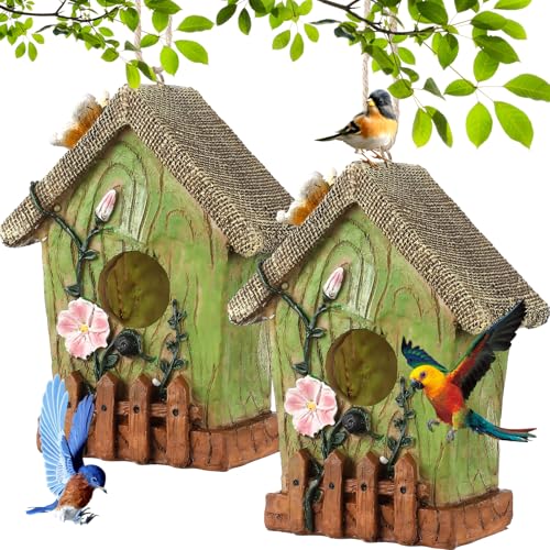 Thyle 2 Pack 6.6 Inch Bird Houses for Outside Hanging Bird House Garden Colorful Decorative Birdhouses for Outside Patio Garden Backyard Courtyard Decor Gift