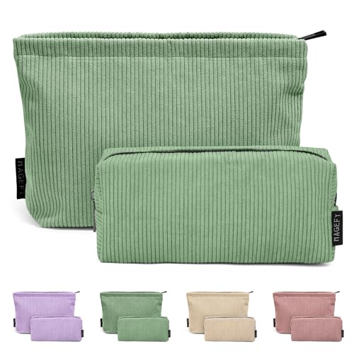 Makeup Bag MAGEFY 2 Pcs Small Cosmetic Bag Corduroy Make up Bag for Women Portable Travel Versatile Makeup Bag Zipper Makeup Pouch for Purse (Green)