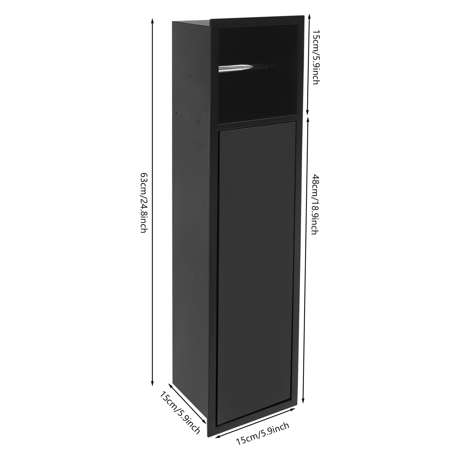 Módulo de armario empotrado, 63 x 15 x 15 cm, acero inoxidable, mueble de baño con portarrollos y puerta de armario, nicho de ducha empotrado para cocina, salón, hotel (negro)