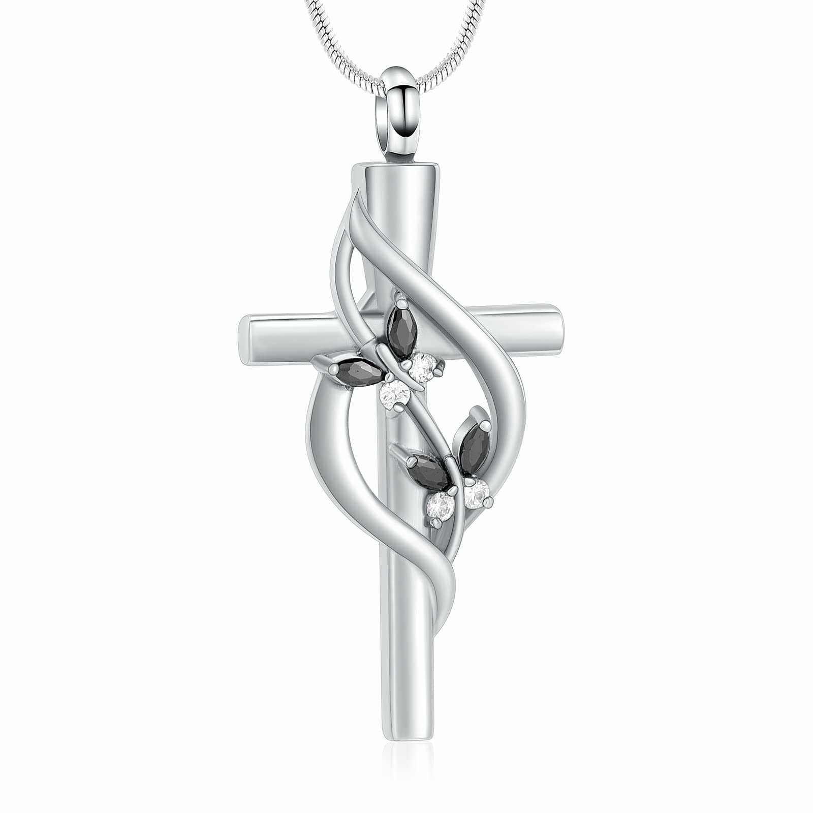 Minicremation Cremation Jewelry Urn Necklaces for Ashes Crystal Butterfly Cross Memorial Pendant for Women Girl Keepsake Gifts Funeral Cross Urn Locket(Black)
