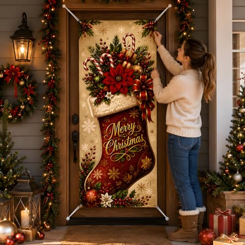 Image of Christmas Decorations - Merry Christmas Stocking Candy Cane Door Cover