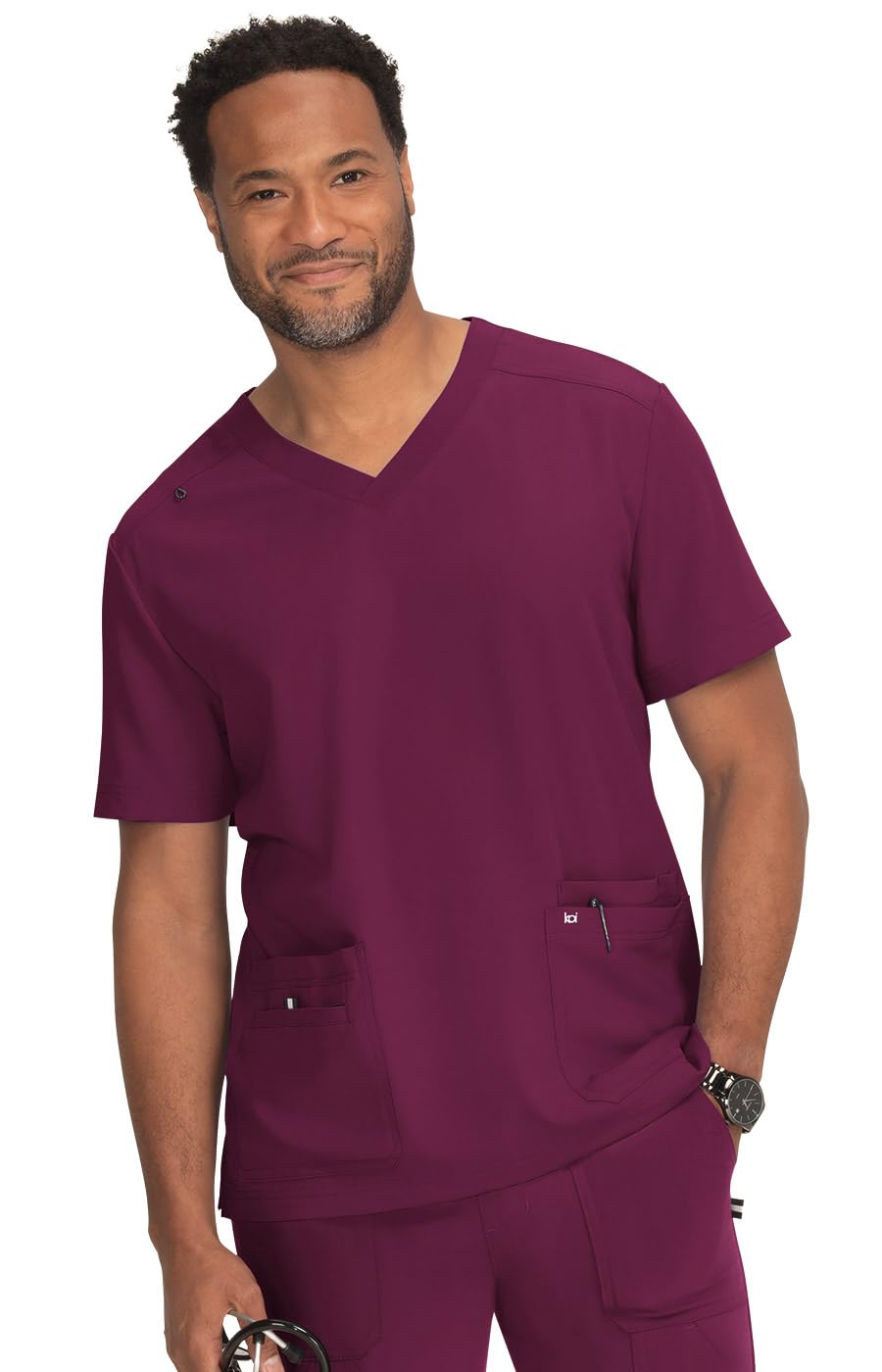 KOI Next Gen Men's Free to Be V-Neck 4 Pocket Scrub Top, 4-Way Stretch, ID Bungee Loop, Wine, Large