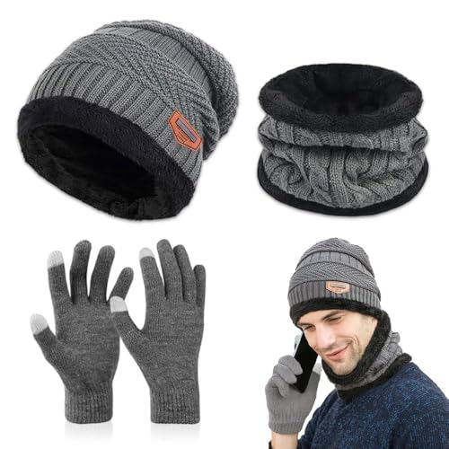 Udbrud Wintermütze Schal Handschuh Set, 3 in 1 Mütze Schal mit Touchscreen Handschuh Set Gestrickte Pom Pom Dicke Beanie Mütze Fleece Gefütterte Warme Herren Damen für Outdoor Sport (Grau)