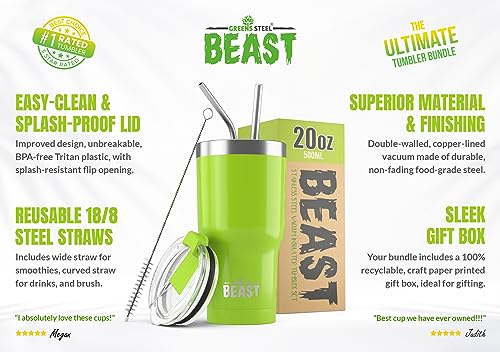 Image of Beast 20 oz. Tumbler Stainless Steel - Vacuum Insulated Rambler Coffee Travel Cup Gift Bundle (20 oz, Lemongrass Green)