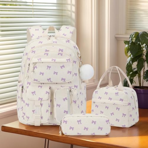 3Pcs Corduroy Backpack for Women, Kawaii Rucksack with Lunch Bag and Stationery Box, Large Capacity Book Bag with Printed Pattern, Personalized Stylish Daypack Bag for Travel, Commuting4