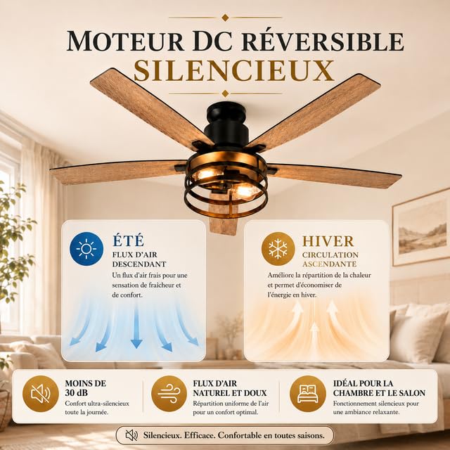 Rosnek Ventilateur Plafond avec Lumière et Télécommande, Ventilateur Silencieux en Cage 132 cm, 6 Vitesses & Minuterie, Moteur DC Réversible, 5 Pales en Bois Réversibles pour Chambre Salon Terrasse