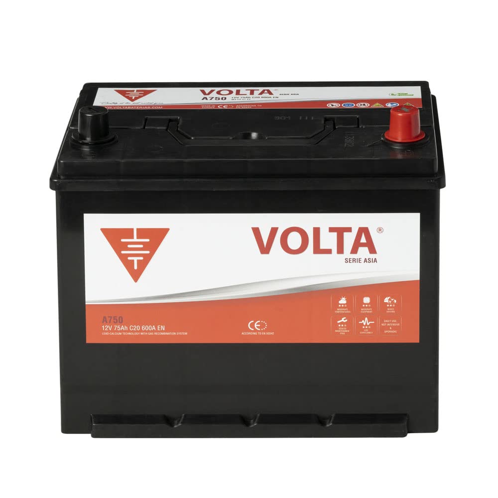Bateria de Coche Marca Asiática 75Ah 600A Volta A750D - Borne +Dcha - Medidas Largo 260 x Ancho 173 x Alto 226 mm con 2 años de Garantía - Fabricación Europea.
