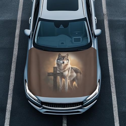 Image of Car Hood Cover Protector 59x39 inches Wolf Cross Stretchable Car Hood Flag Removable Automotive Accessories Fabric Hood Cover All-Season Protection for Cars Decor