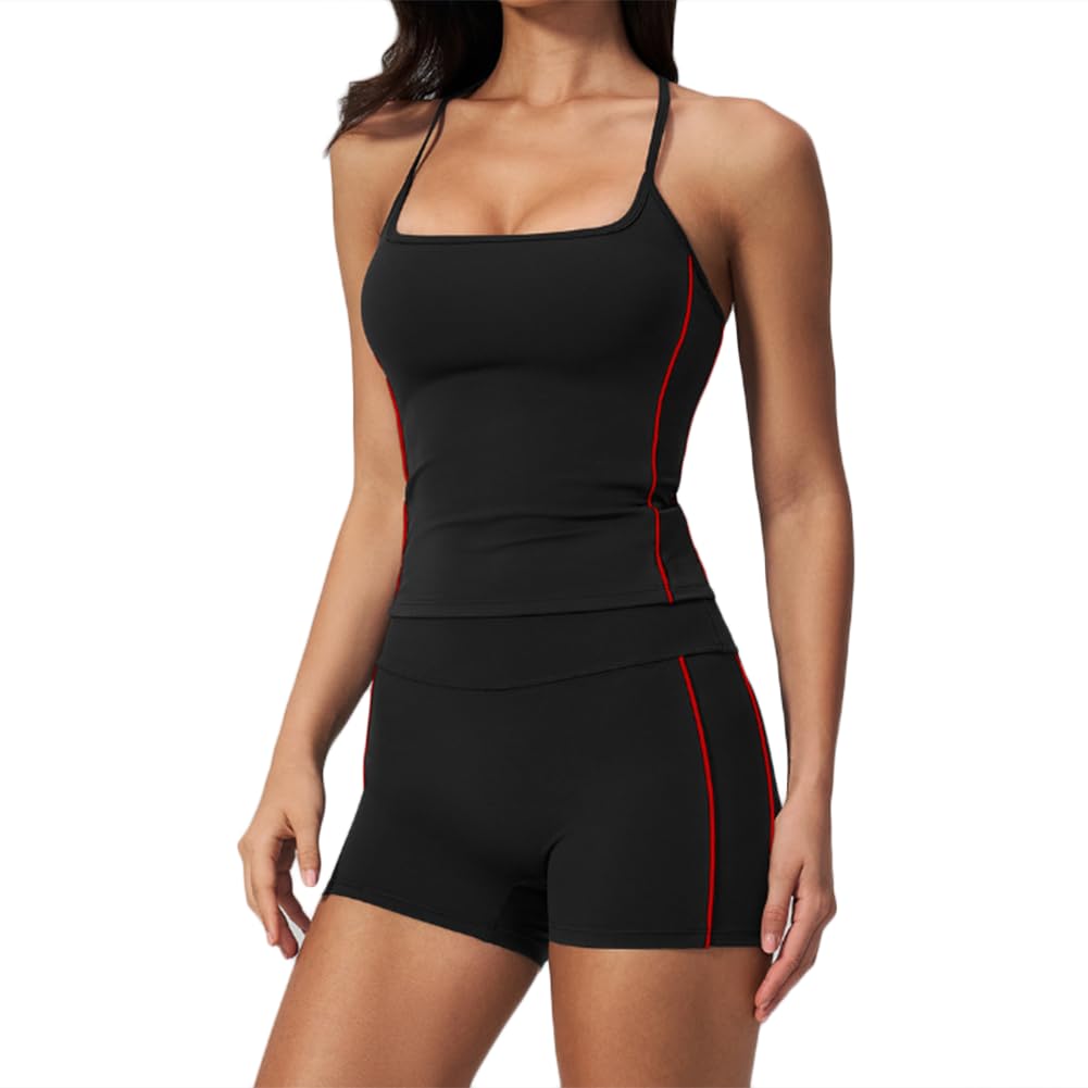 XYFfybhsd Breathable Lightweight Yoga Set Quick Dry Racerback Yoga Top & High Waist Biker Shorts for Pilates and Gym Training(Size:L,Color:Black Red)