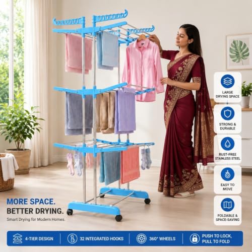 Image of SUNDRY 1pc 3-Tier Rolling Clothes Drying Rack,Freestanding Rack for Bathrooms, Apartments, and Laundry Rooms, with 360 Wheels for Easy Movement