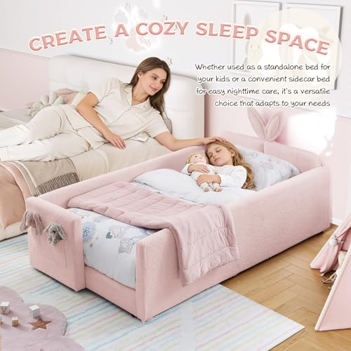 Image of Twin Size Bed Frame for Kids, 83 inch Upholstered Daybed Montessori Platform Floor Bed W /Safety Rails & Storage Pocket Cute Rabbit Ear Shaped Headboard for Girls Boys, Pink