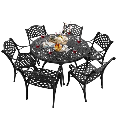 Image of 48 Inch Outdoor Dining Table Round Patio Bistro Table Powder-Coated Cast Aluminum Frame Patio Dining Table Garden Table with Umbrella Hole (Black)