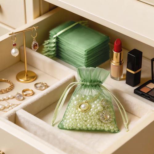 Image of joycraft 50pcs Light Sage Green Organza Bags - 2.7x3.5In Sheer Drawstring Gift Bags, Small Mesh Party Favor Bags for Jewelry, Makeup Pouches, Candy, DIY Craft