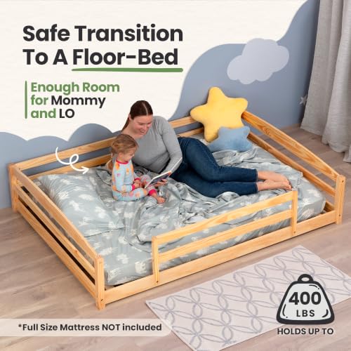 Image of Full Size Floor Bed for Kids with Rails & Wood Slatted Frame