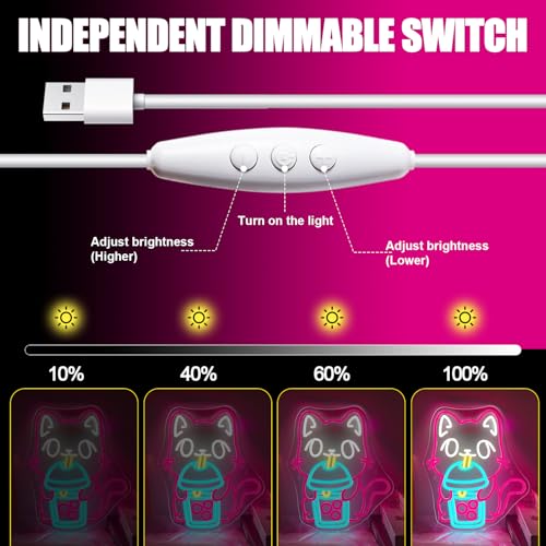 Image of Cat Boba Tea Neon Sign,Cute Pink Kitty Bubble Tea Neon Signs for Wall Decor,Dimmable LED Neon Light Bar Sign,USB Light Up Signs for Kids Bedroom Dimsum Store Cofes Bar Milk Tea Shop
