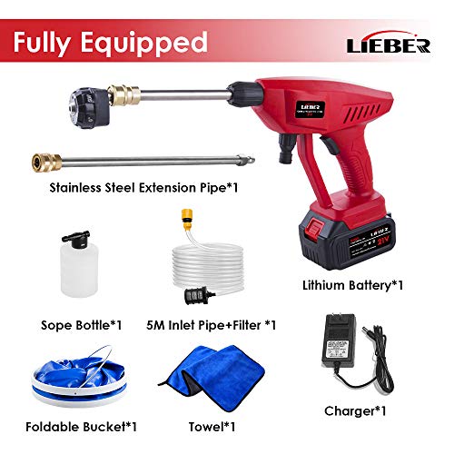Battery Powered Pressure Washer, Lieber 21V Cordless Portable Power Cleaner 3Ah 410 PSI/ 2800KPA Power Washer Electric Pressure Washer for Car, RVs Boats or Home Projects - 6 in 1 Nozzle (Red)