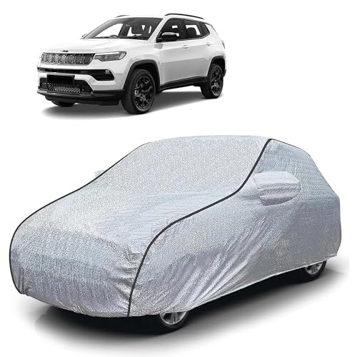 Image of Sulfar 100% Waterproof Car Body Cover Compatible with Mirror for Jeep Compass (Triple Stitched, Full Bottom Elastic, Magic Silver with Black Piping)