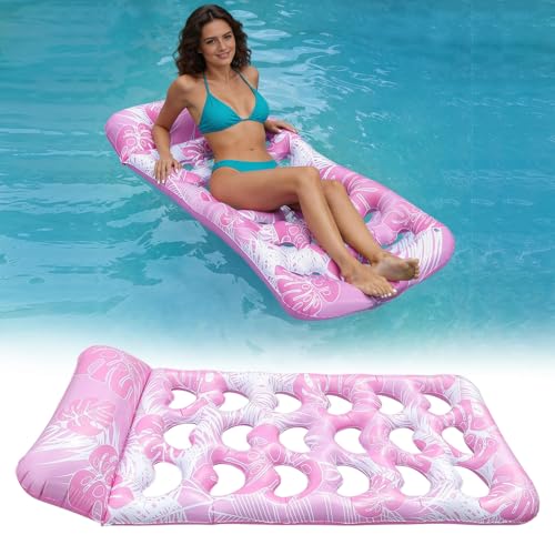 Balsas inflables para piscina – Colchón hinchable para piscina en color rosa, colchoneta flotante con reposacabezas para adultos, colchón de agua para piscina, lago y playa