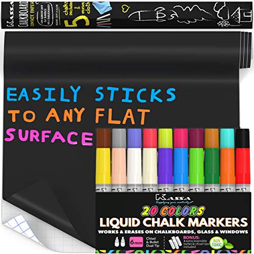 Bundle of Kassa Liquid Chalk Markers (20 Multi Colors) & Chalkboard Contact Paper Roll (8 Feet w/ 5 Chalks)