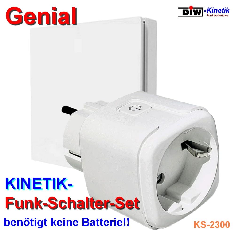DIW-Kinetik KS-2300 Kinetisches Funk-Schaltset mit Funksteckdose und Batterielosem Wandsender, 2300 W, 433 MHz, Kabelloser Schalter für Innenräume