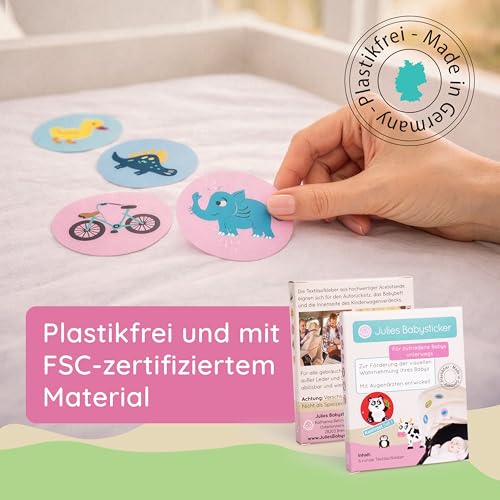 Julies Babysticker® 6 x Babysticker für Kinderwagen & Auto (ab 2-12 Monate) Kontrast - Beruhigende Kontrast-Sticker - Textil-Aufkleber Förderung visueller Entwicklung (Made in Germany)