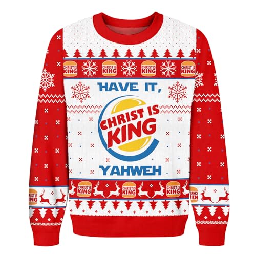 Image of 99TIMORO Burger Christ Ugly Christmas Sweater for Men and Women, Holiday Pullover Novelty Crewneck Sweatshirt, Festive Outfit Gift