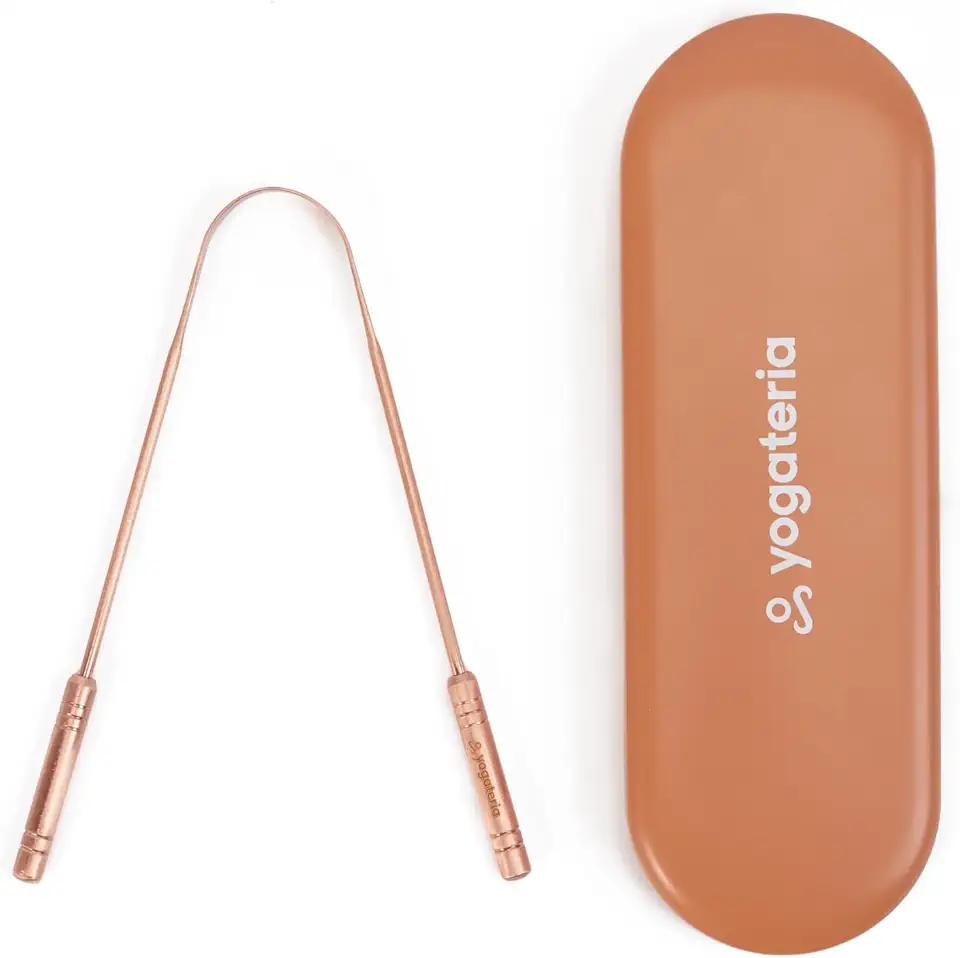 YOGATERIA Raspador Limpador de Língua Cobre Puro 100% Higienizador Bucal Ayurvédico (Estojo + Limpador)