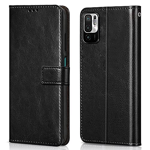 Image of WOW IMAGINE Shock Proof Flip Cover Back Case Cover for Xiaomi Redmi Note 10T 5G | Poco M3 Pro 5G (Flexible | Leather Finish | Card Pockets Wallet & Stand | Black)
