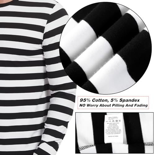LEDING Mens Shirt Striped Black White Cotton Spandex Crewneck Long Sleeve Basic Pullover Stripe Casual Crew Tee Shirt3