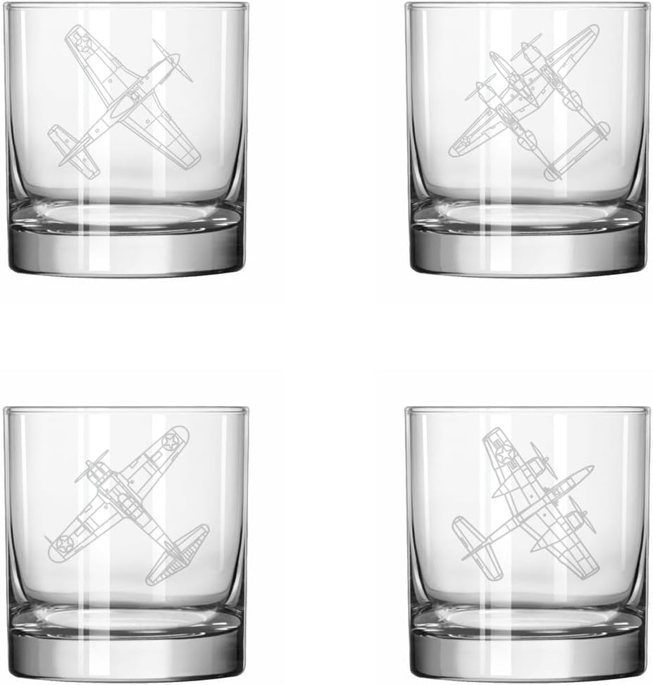 MIP Set of 4 Glass 11 oz Rocks Whiskey Glass Gift WW2 Warplanes Fighter Airplanes Collection