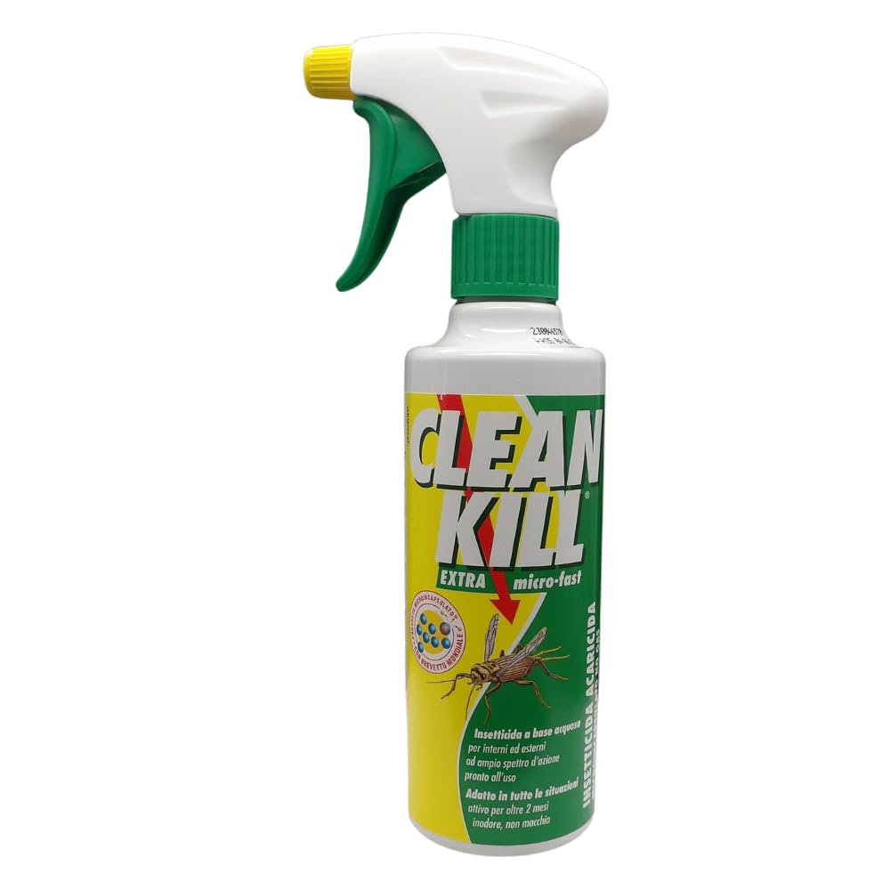 CLEAN KILL Insetticida Ecologico Biokill Spray Extra Micro Fast No Gas a Base Acquosa, Ideale per Blatte, Cimici, Tarli, Zanzare, e Altri Insetti, Uso Interno ed Esterno, Flacone da 375ml (4 Unità)