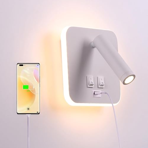Puerto de carga USB, luz de lavado de pared, luz blanca LED con pared interior, foco ajustable, lámpara de lectura, lámpara de pared para