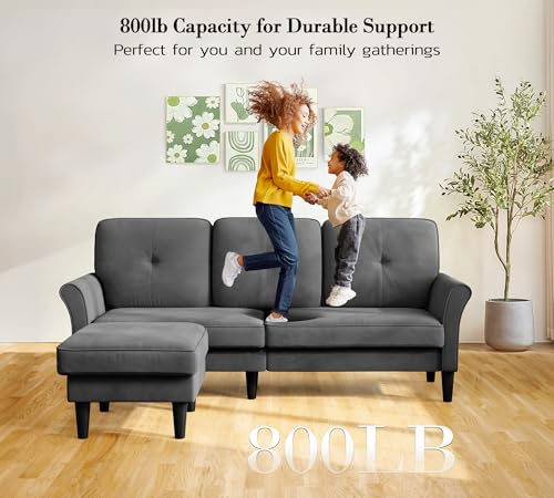 Image of Kidirect Small Sectional Couch, 83 inch L Shaped Couch, Comfy Velvet Couches for Living Room, Tool-Free Setup Modular Sectional Sofa, 850lbs Load Sofas for Living Room with 1 Movable Ottoman, Grey Couch
