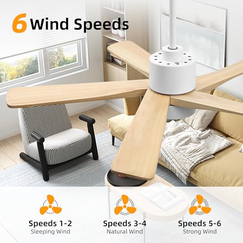 Image of WINGBO 48 Inch DC Ceiling Fan with Lights and Remote Control, 5 Carved Solid Wood Blades, 6-Speed Noiseless Reversible DC Motor, Indoor Ceiling Fan in Gloss White Finish with Natural Wood Blades