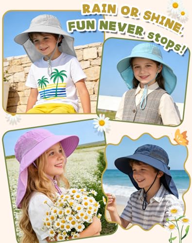 Image of Rosoz Kids Sun Hat with Neck Flap UV Protection Summer Toddler Beach Hat Unisex Ponytail Hat Wide Brim Fishing Hat