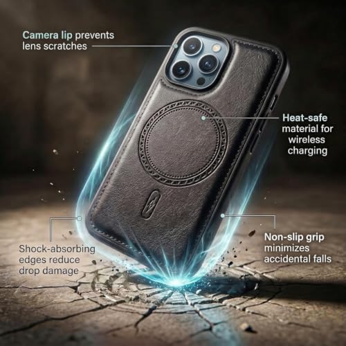Image of amazon basics Premium PU Leather Case for iPhone 12 Pro Max, MagSafe Compatible Magnetic Ring, Sleek Protective Back Cover - [Black]