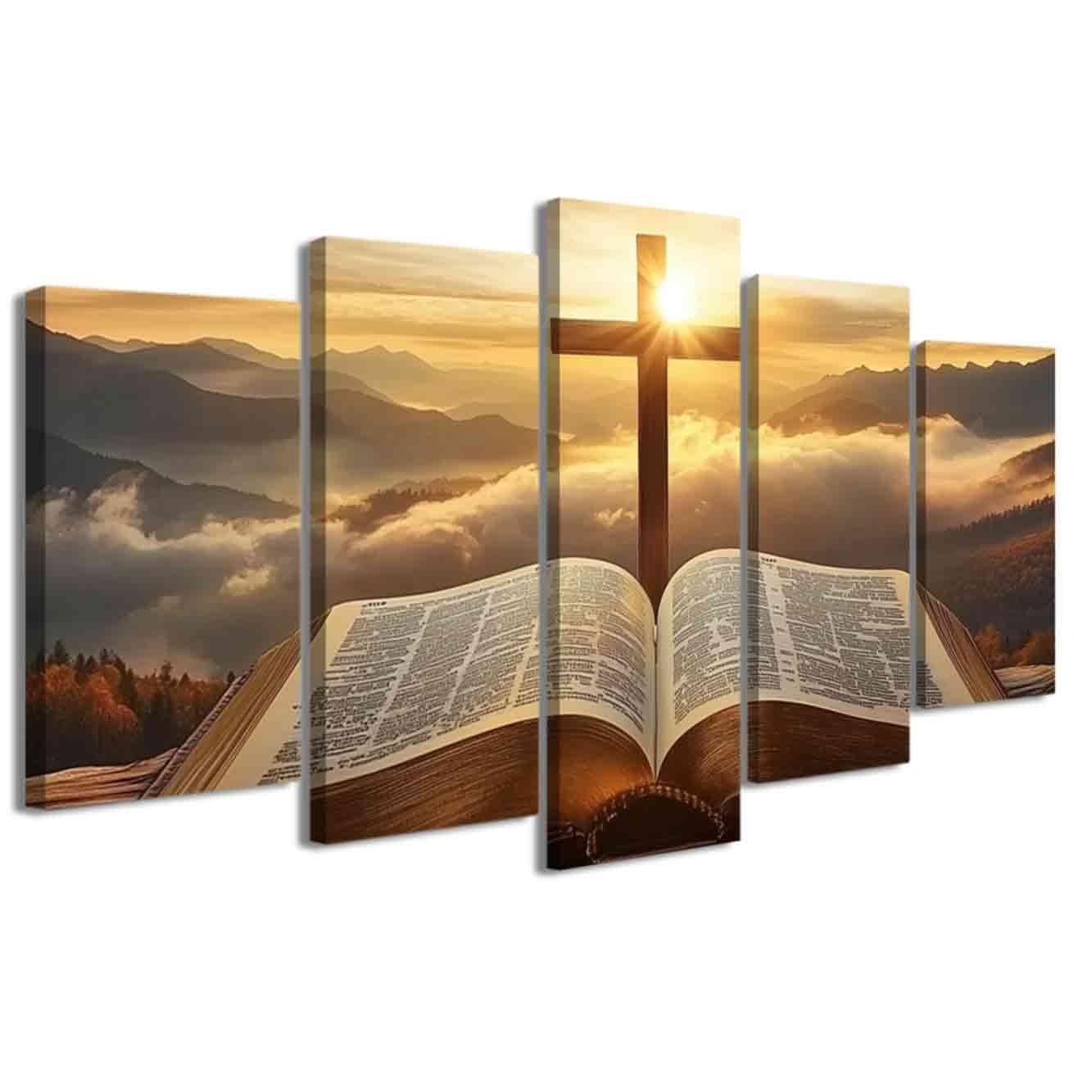 ZXHYWYM 5 Stück christliche Bilder Jesus Bibel und Kreuz Gemälde Sonnenaufgang Landschaft Leinwanddrucke religiöse Schrift Poster Wohnzimmer Büro Dekoration ((55L x 100B cm))