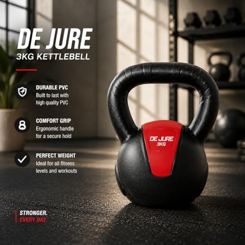 Image of De Jure Fitness PVC Kettlebell 3kg for Men & Women Strength & Cardio Training, Soft Grip, Crushed Concrete Filled, Full Body Workout Equipment for Home & Gym (Red Black)