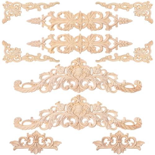 MySHUCE 10 Pcs Wood Appliques and Onlays Furniture Carved Wood Appliques Carved Onlays DIY Decorative Wooden Applique Woods Carving Decals for Wall Cupboard Door Bed Cabinet Projects