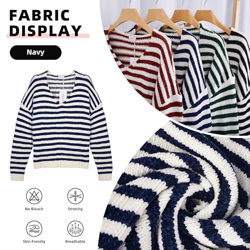 Image of V Neck Sweaters for Women Striped Oversized Pullover Sweaters Drop-Shoulder Side Slit Loose Knit Jumper Tops