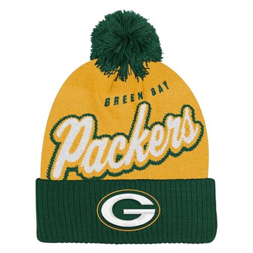 NFL Kids Youth 8-20 Official Primary Logo Script Wordmark Cold Weather Cuffed Knit Pom Beanie Hat (US, Alpha, One Size, Green Bay Packers, Green Bay Packers)