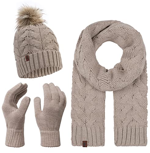 ZASFOU Dames winter beanie muts sjaal touchscreen handschoenen set