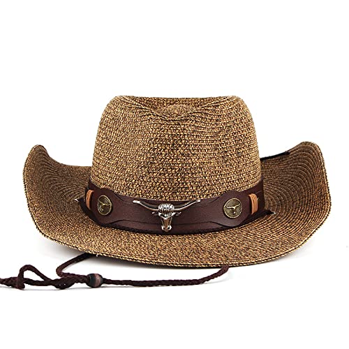 Beisto Straw Cowboy Hat for Women Straw Cowgirl Hats Beach Cowgirl Hat Western Hats for Women Vintage Cowboy Wide Brim Sun Hat Brown