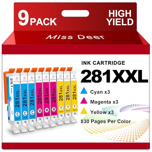 Image of Miss Deer CLI-281XXL 9 Color Pack Ink Compatible for Canon 281 Ink Cartridges, Work for Canon Pixma TS6120 TS8120 TR7520 TR8520 TS9120 TS6220 TS8220 TS9520 TS9521C (3Cyan,3Magenta,3Yellow)