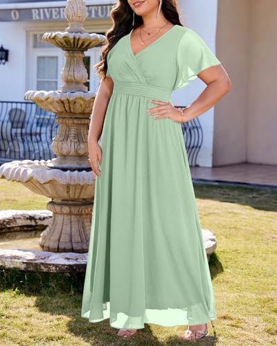 Image of Talisea Plus Size Formal Dresses - V Neck Flutter Sleeve Glitter Prom Evening Gowns Wedding Guest Chiffon Long Maxi Dress