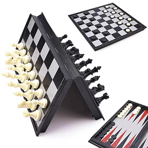 Oumoda 12.5" 3 In 1 Magnetic Kids Chess Set W/Folding Case Chess Board - Plastic Chess Checkers Backgammon Sets For Scholastic Classroom Beginner, Portable Travel Educational Learning Toys Gifts #TOP4