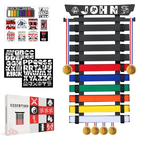 ESSENTURA 10 Belt Karate Belt Display Rack, Bamboo, Themed Stickers, Medal Hangers - Taekwondo Belt Display, Jiu Jitsu, BJJ, Martial Arts